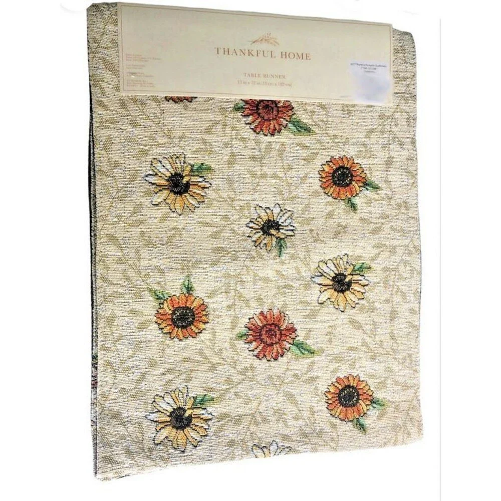Thanksgiving Table Runner Tapestry Thankful Pumpkin Sunflower Leaves 13x72 Fall